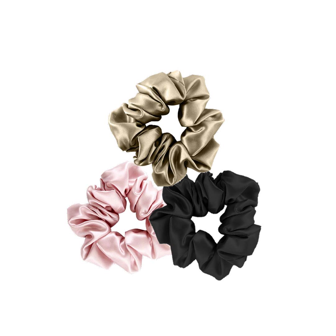 Shop Mimi's Beauty Pure Mulberry Silk Scrunchies in gold, black and pink