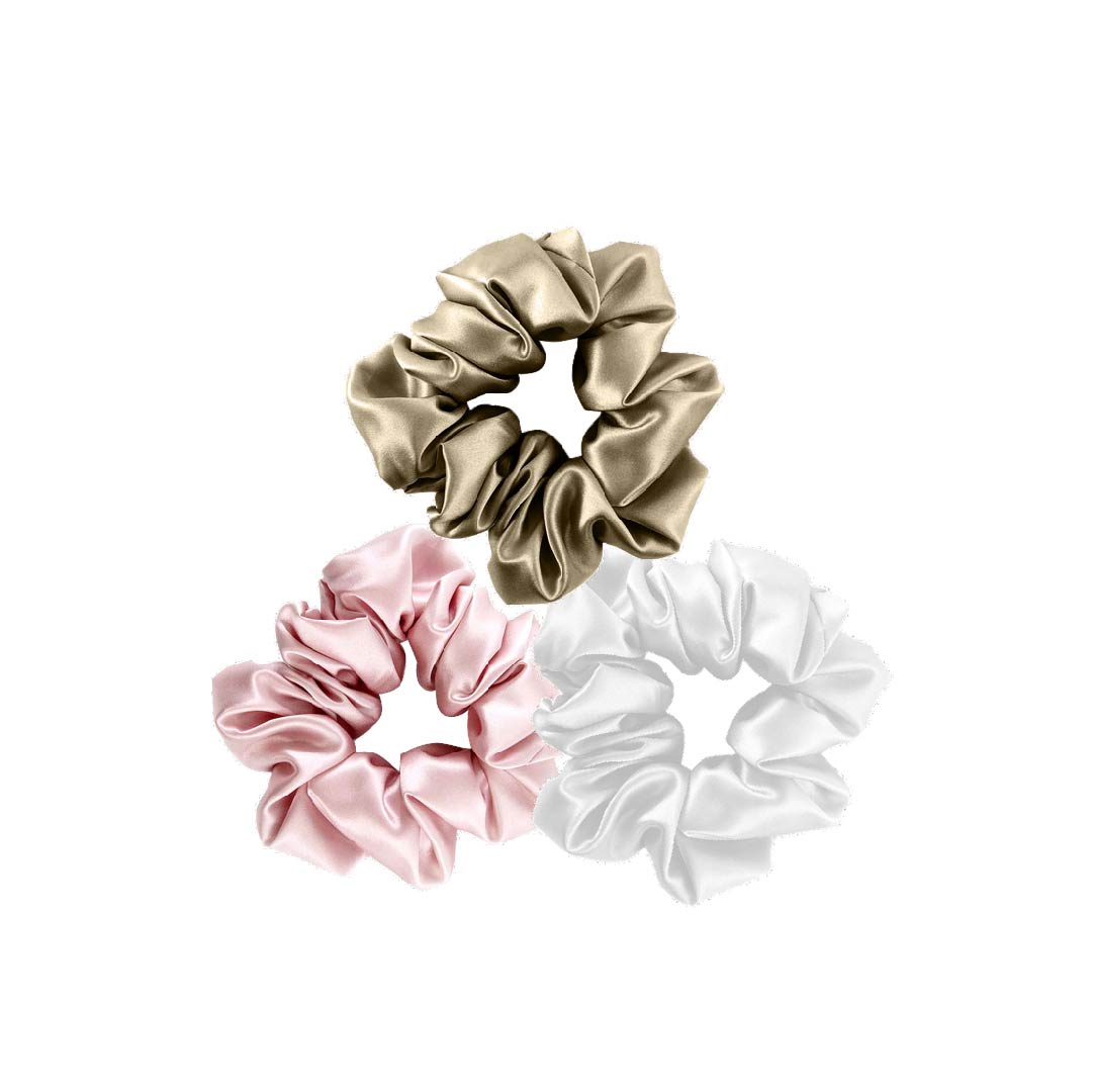 Shop Mimi's Beauty Pure Mulberry Silk Scrunchies in gold, white and pink